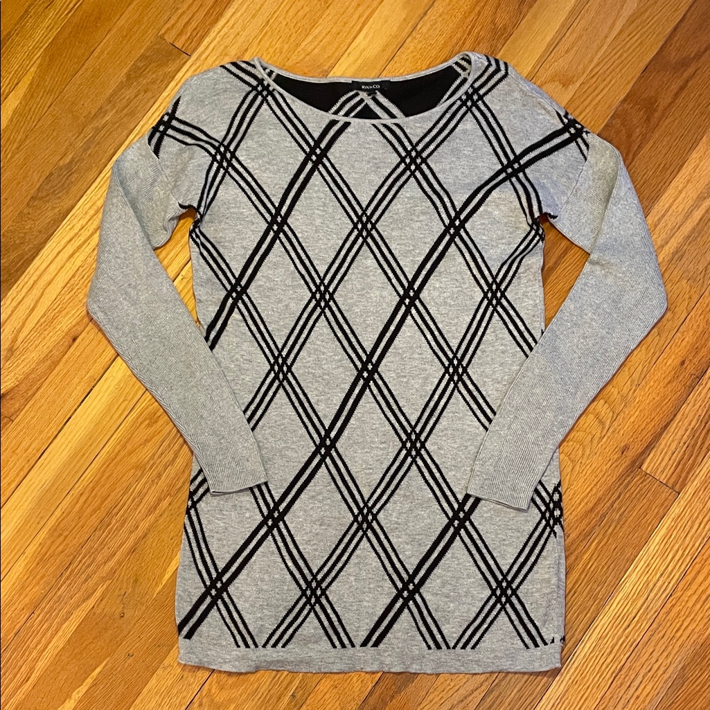 Rw&Co Preppy Black & Gray Argyle Print Coastal Business Casual Stretchy Sweater